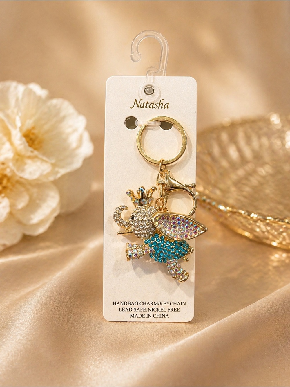Natasha Sparkly Rhinestone Flying Elephant Keychain Bag Charm NEW